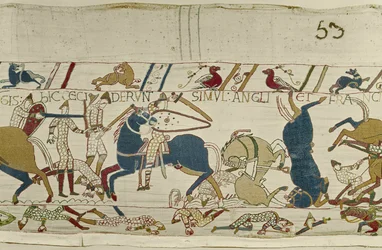 Normans na Kiingereza Huanguka Upande kwa Upande katika Vita, Bayeux Tapestry (pamba za pamba kwenye kitani)swed